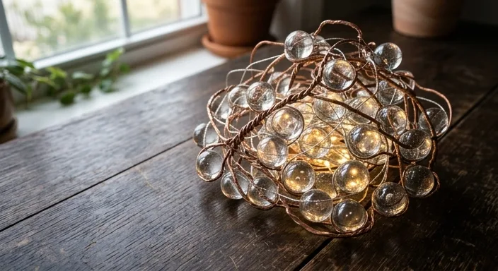 A collection of glowing glass spheres connected by metallic threads on a dark wooden surface.