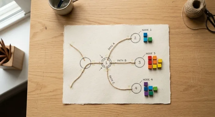A physical flowchart made of paper and string on a wooden desk illustrating branching dialogue paths using small wooden cubes as markers.