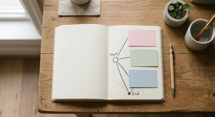 A flat lay photograph of a notebook showing a hand-drawn diamond-shaped conversation tree on a wooden desk.